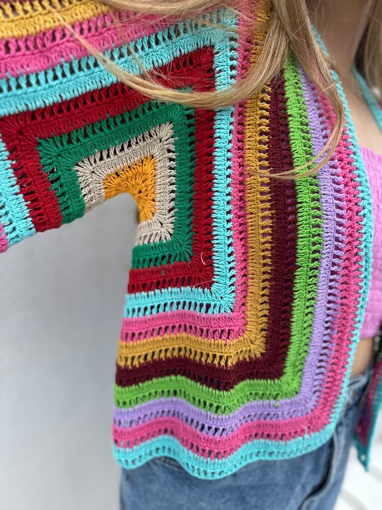 Moon Flower The Label RAINBOW CROCHET PINK CARDIGAN