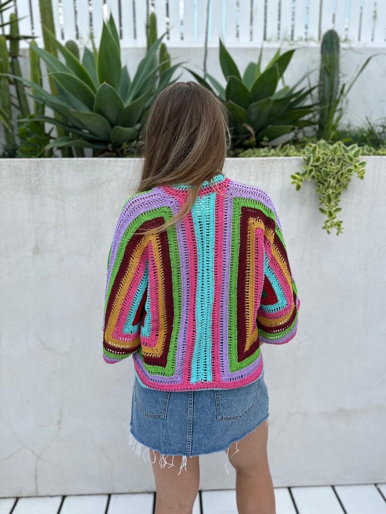 Moon Flower The Label RAINBOW CROCHET PINK CARDIGAN