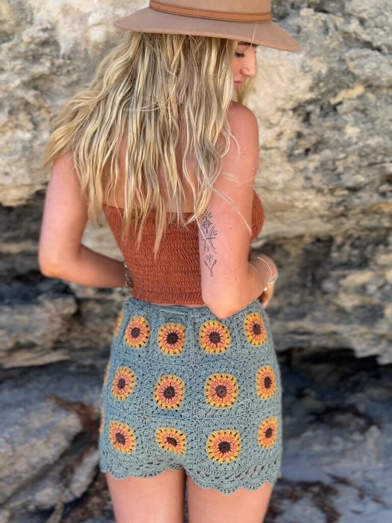 Naked Gypsy BODHI SAGE SUNFLOWER CROCHET SHORTS