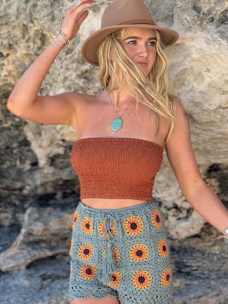 Naked Gypsy BODHI SAGE SUNFLOWER CROCHET SHORTS