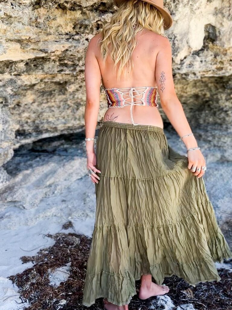 Naked Gypsy BELLA TIERED KHAKI MAXI SKIRT