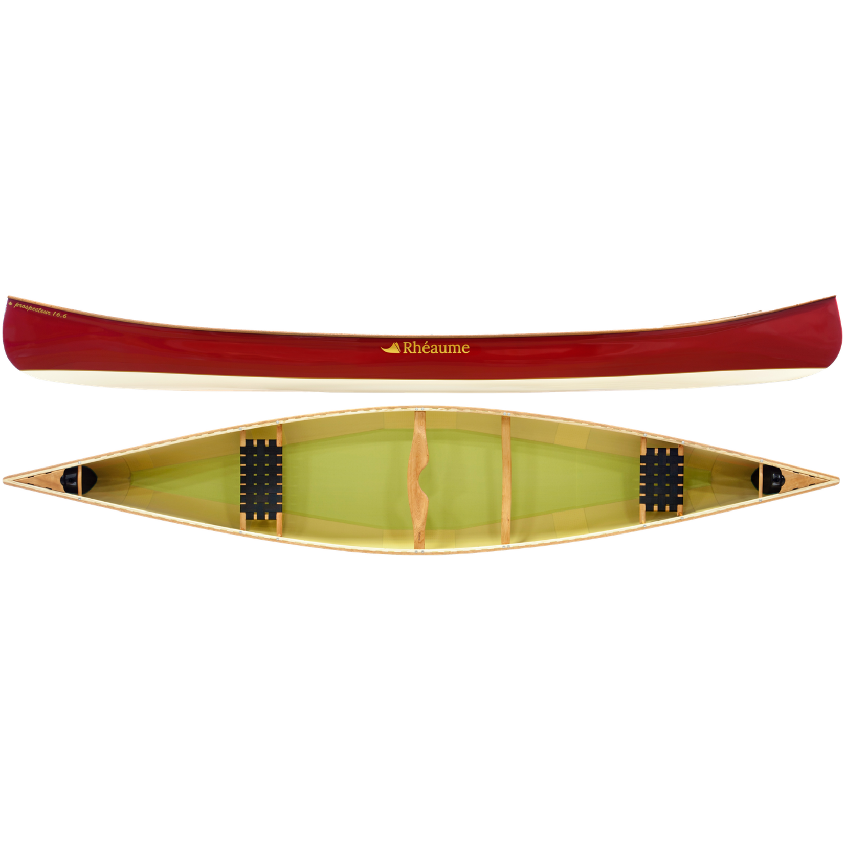 Rhéaume Canot Prospecteur 16 pieds 6 pouces en fibre de verre avec plats-bords en bois rouge