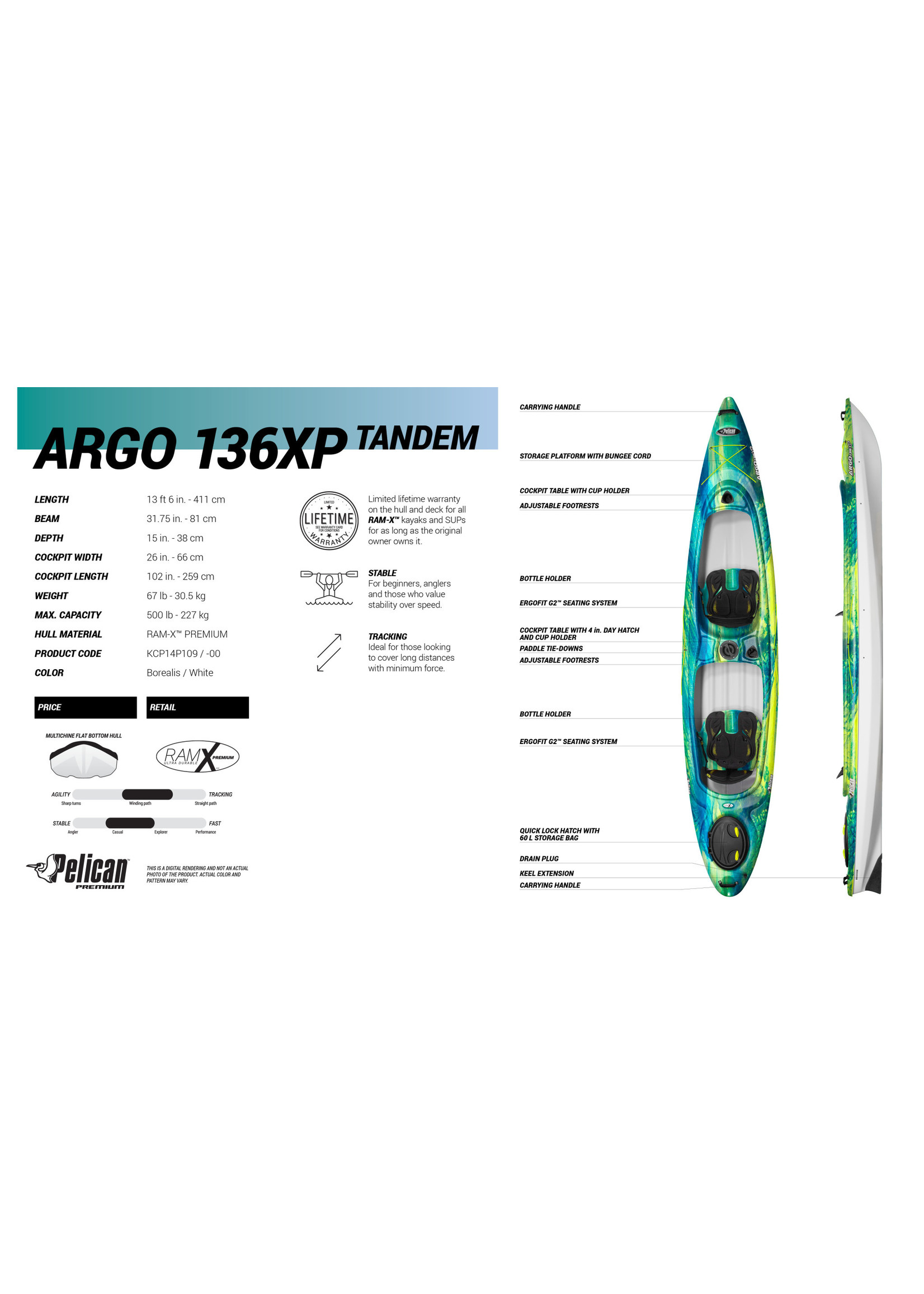 Pelican Sport Kayak récréatif tandem Argo 136XP Cloud/Light Grey/White
