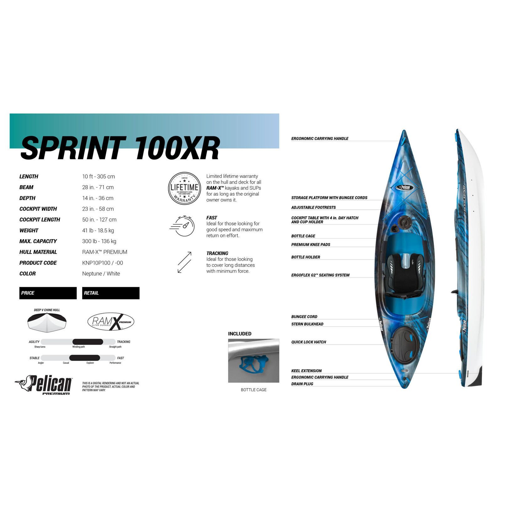 Pelican Sport Kayak récréatif Sprint 100XR Neptune/White/Cyan