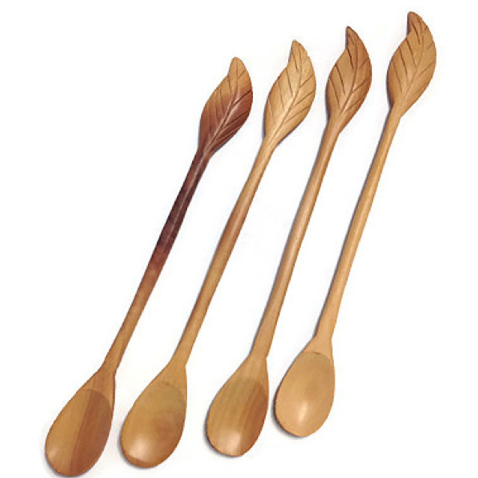 Hand Carved Fruitwood Stir Stick Spoon with Leaf Top, Set of 4
