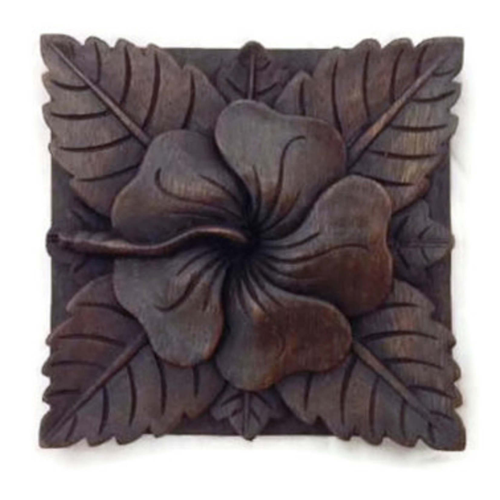 Hand Carved Plaque Square Hibiscus with Leaves
