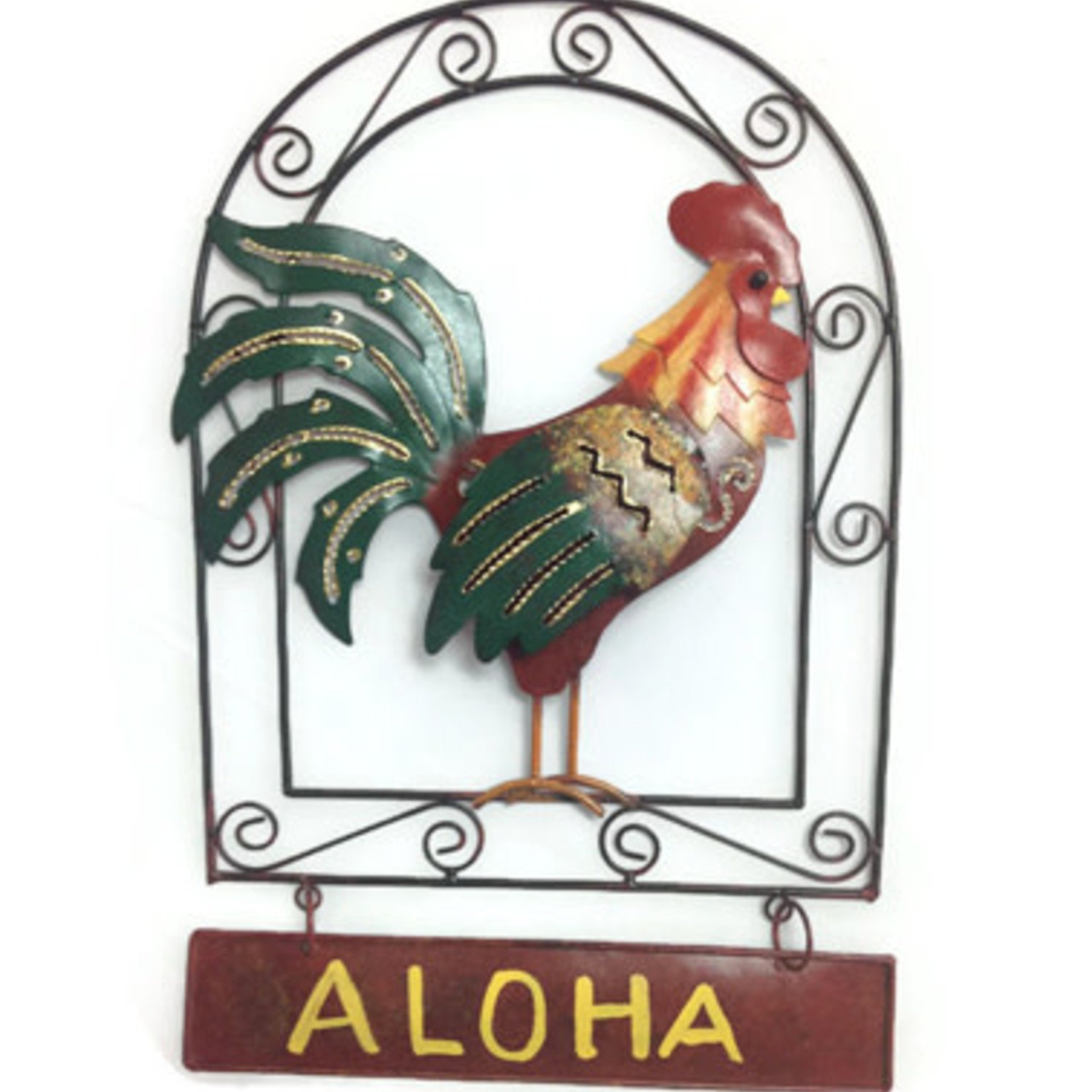 Handmade and Painted Iron Rooster Aloha Sign