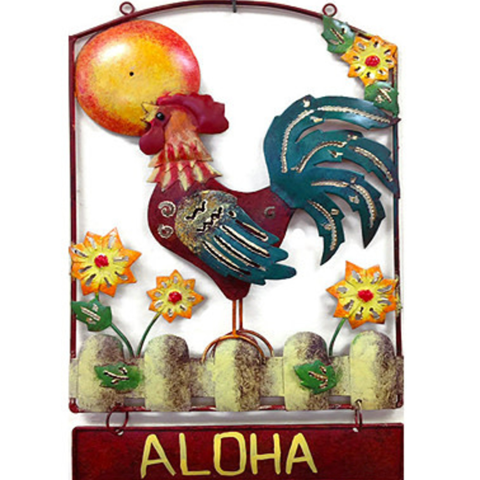 Handmade and Painted Iron Rooster Aloha Sign with Sun