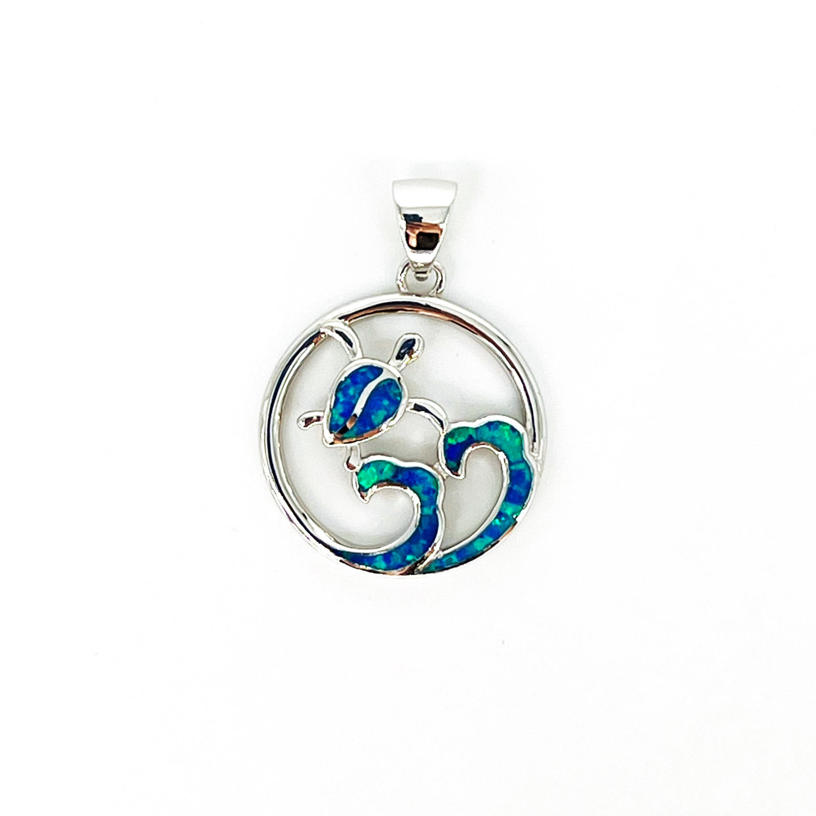 P269 Sterling Silver Synthetic Opal Turtle and Waves Pendant