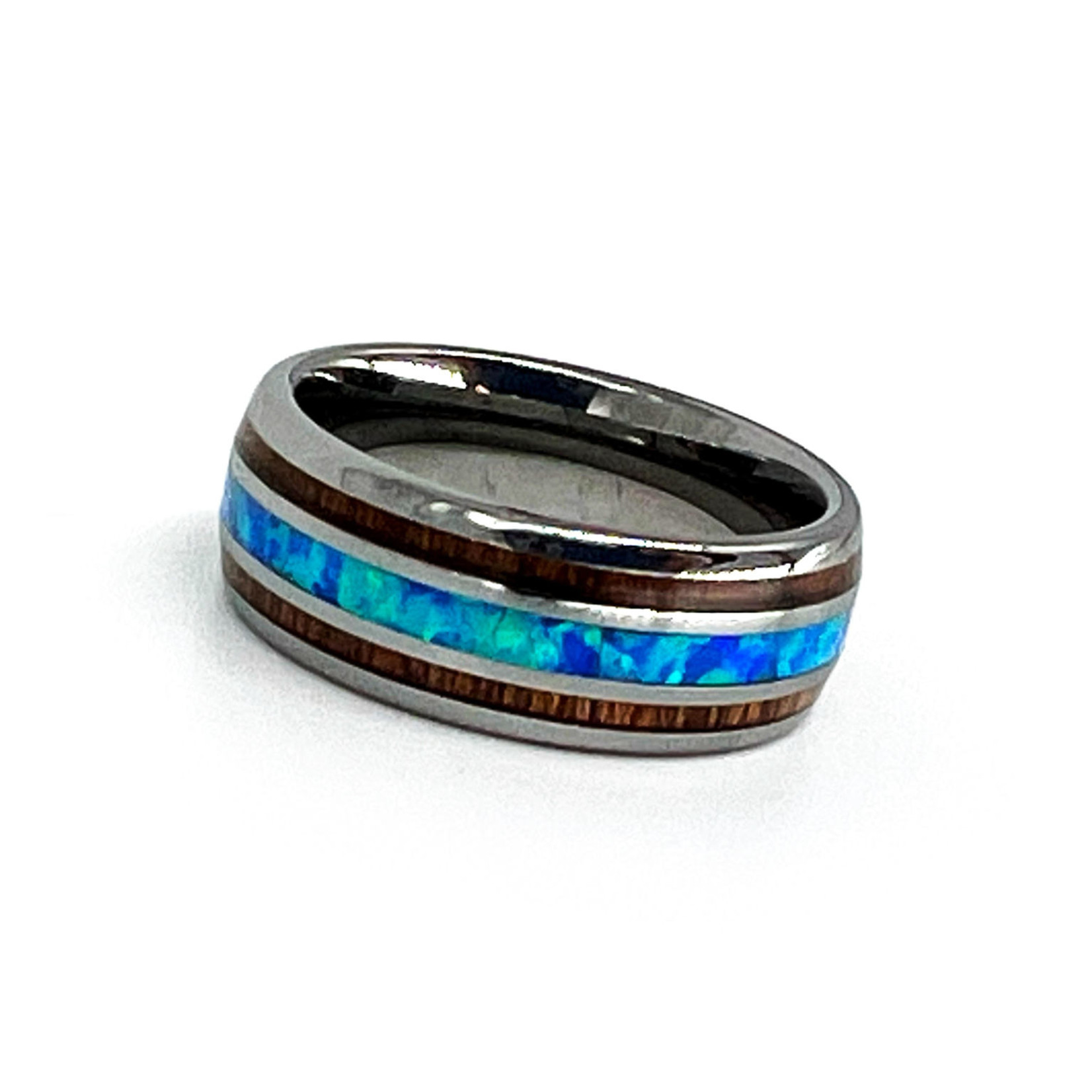 Men's 8mm Tungsten Ring with Hawaiian Koa Wood and Synthetic Opal