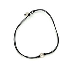 11mm White Pearl Double Black Leather Necklace