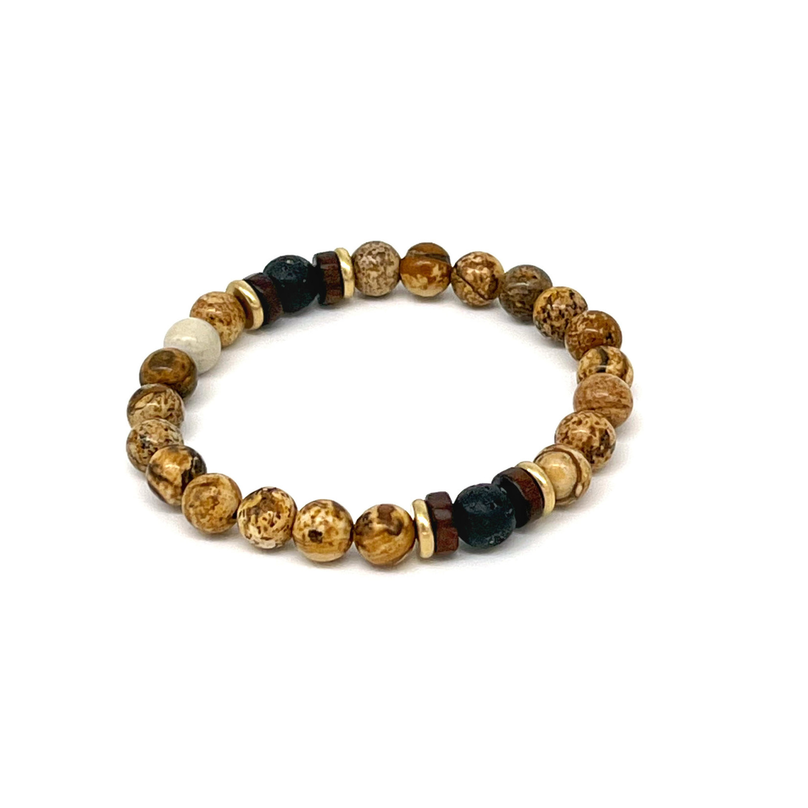 8mm Picture Stone with Lava, Gold  and Wood Bead Stretch Bracelet