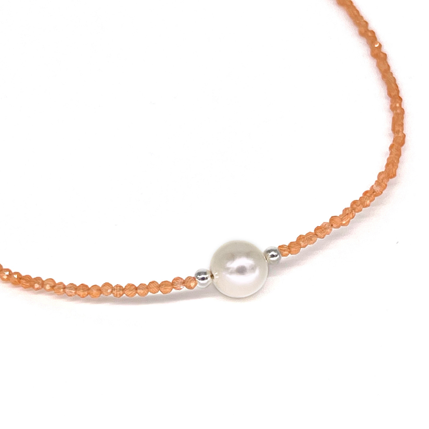 Orange Carnelian White Pearl Adjustable 16-18" 2mm Gemstone Bead Necklace