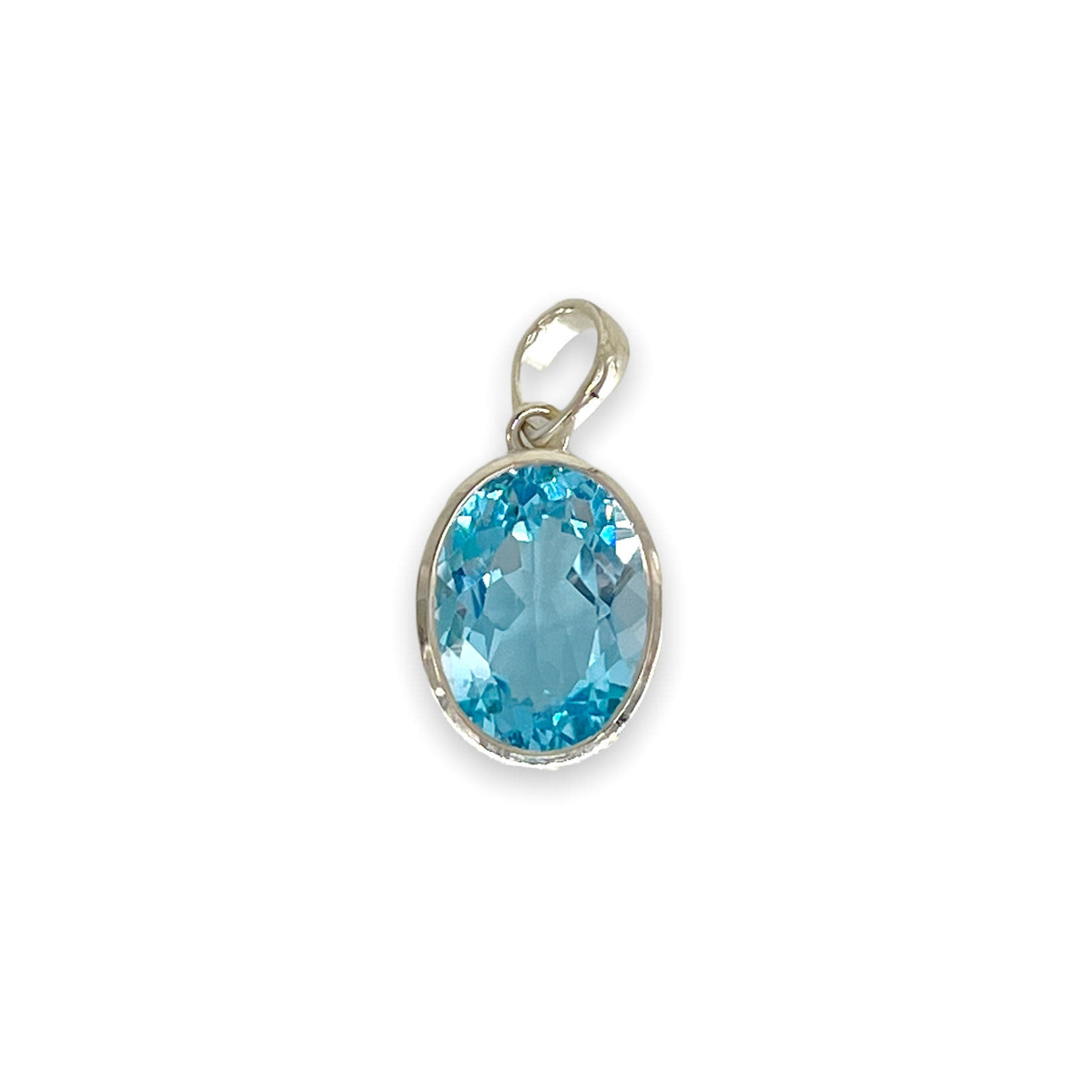 P313 14mm x 17mm Oval Blue Topaz Pendant in Bezel Basket Sterling Silver Setting