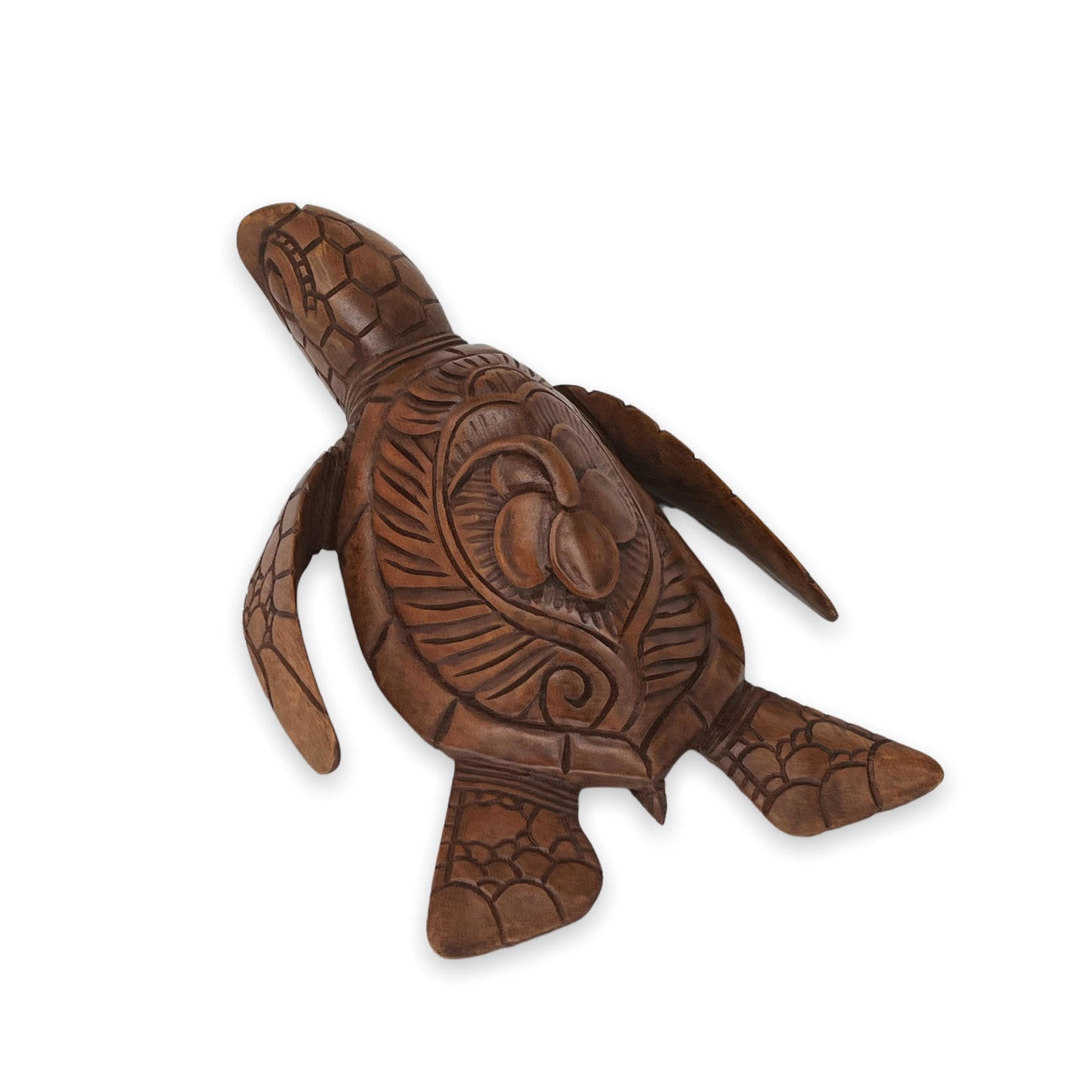 Hand Carved Monkeypod Turtle with Carved Flower Back