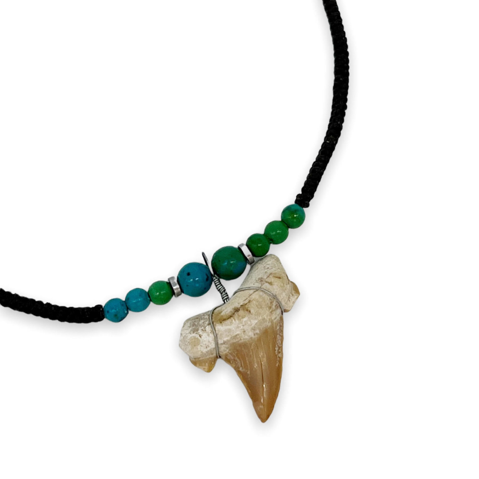 Shark Tooth Necklace on Wax Cord with Chrysocolla