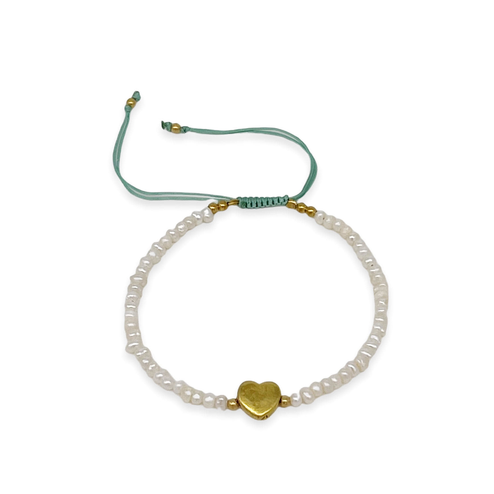 Gemstone Adjustable String Bracelet with Brass Heart Tiny Pearl