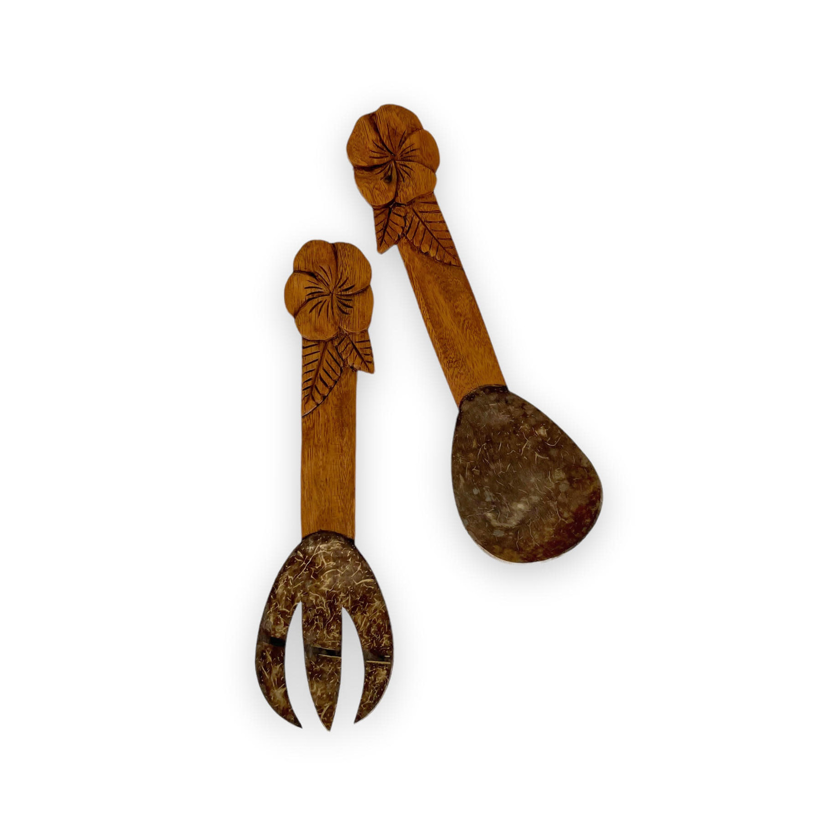 Hand Carved Coconut Shell Salad Set Plumeria