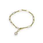 Sterling Silver Gold Tone 7mm Pearl Paperclip Bracelet