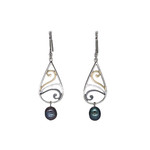 Tricolor Copper and Pearl Earrings Swirl Peacock Pearl