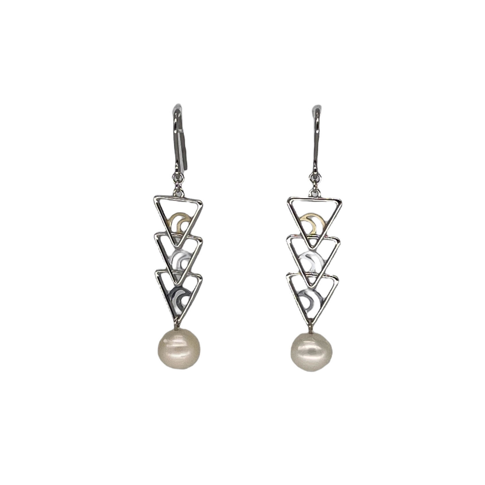 Tricolor Copper and Pearl Earrings Triangles White Pearl