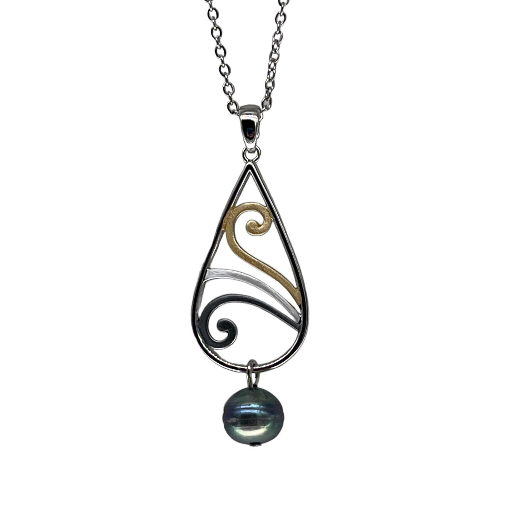 Tricolor Copper and Pearl Pendant with Stainless Steel Chain Swirl Peacock Pearl