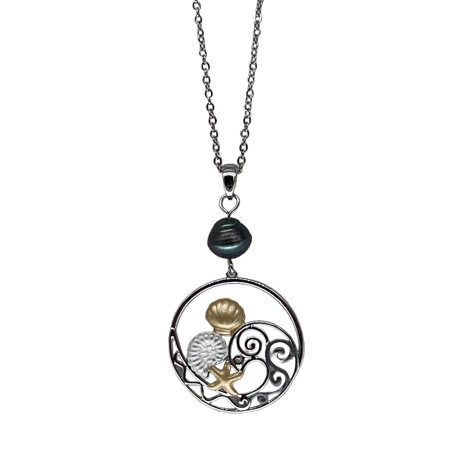 Tricolor Copper and Pearl Pendant with Stainless Steel Chain Sealife Peacock Pearl