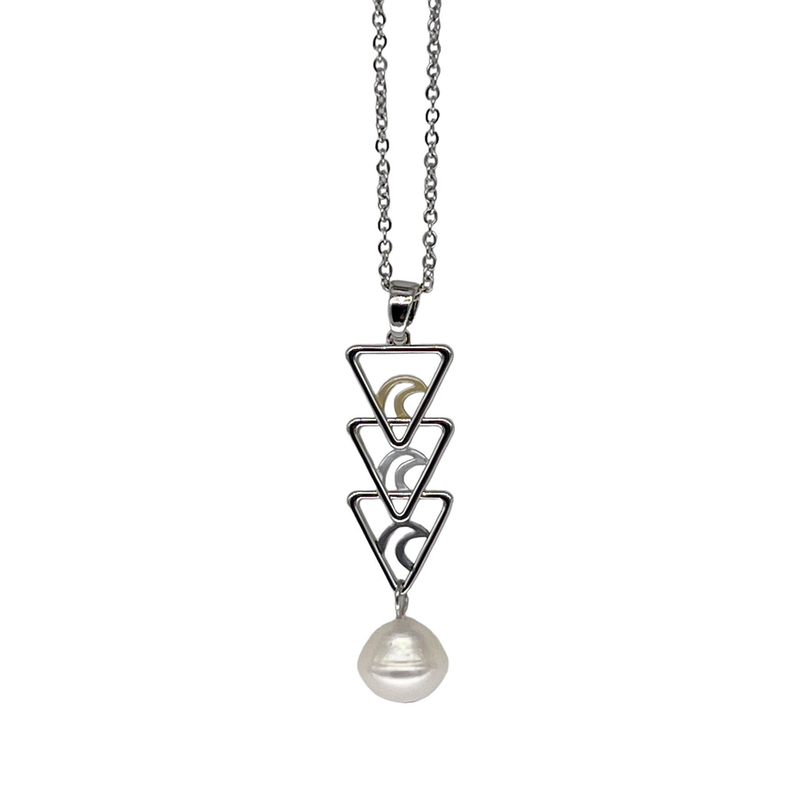 Tricolor Copper and Pearl Pendant with Stainless Steel Chain Triangles White Pearl