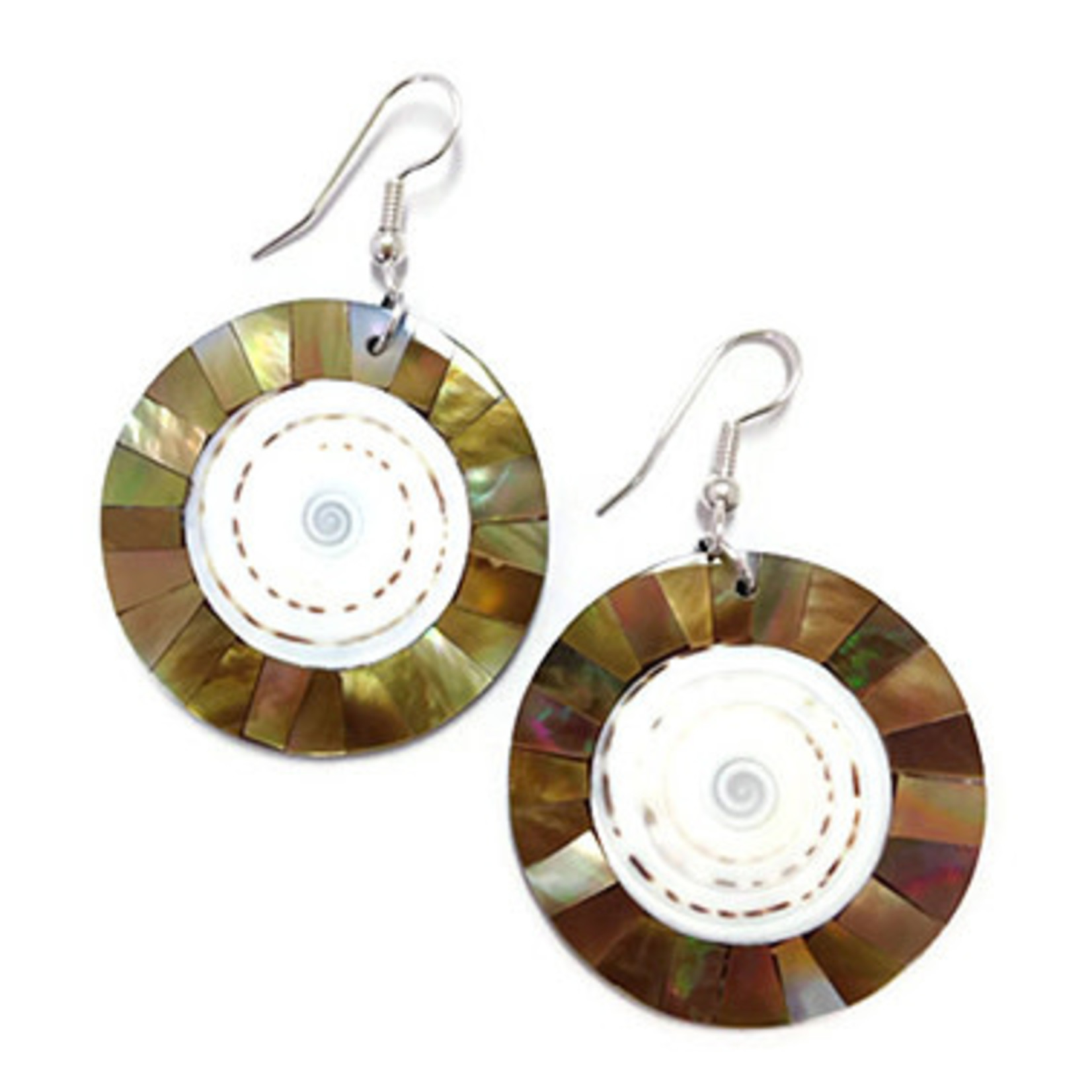 EA110 Shell Earrings Cone Shell and Gold Mosaic Mother of Pearl Rim