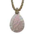 N103 Island Shell Necklace Mother of Pearl White Raindrop with Tan Beads
