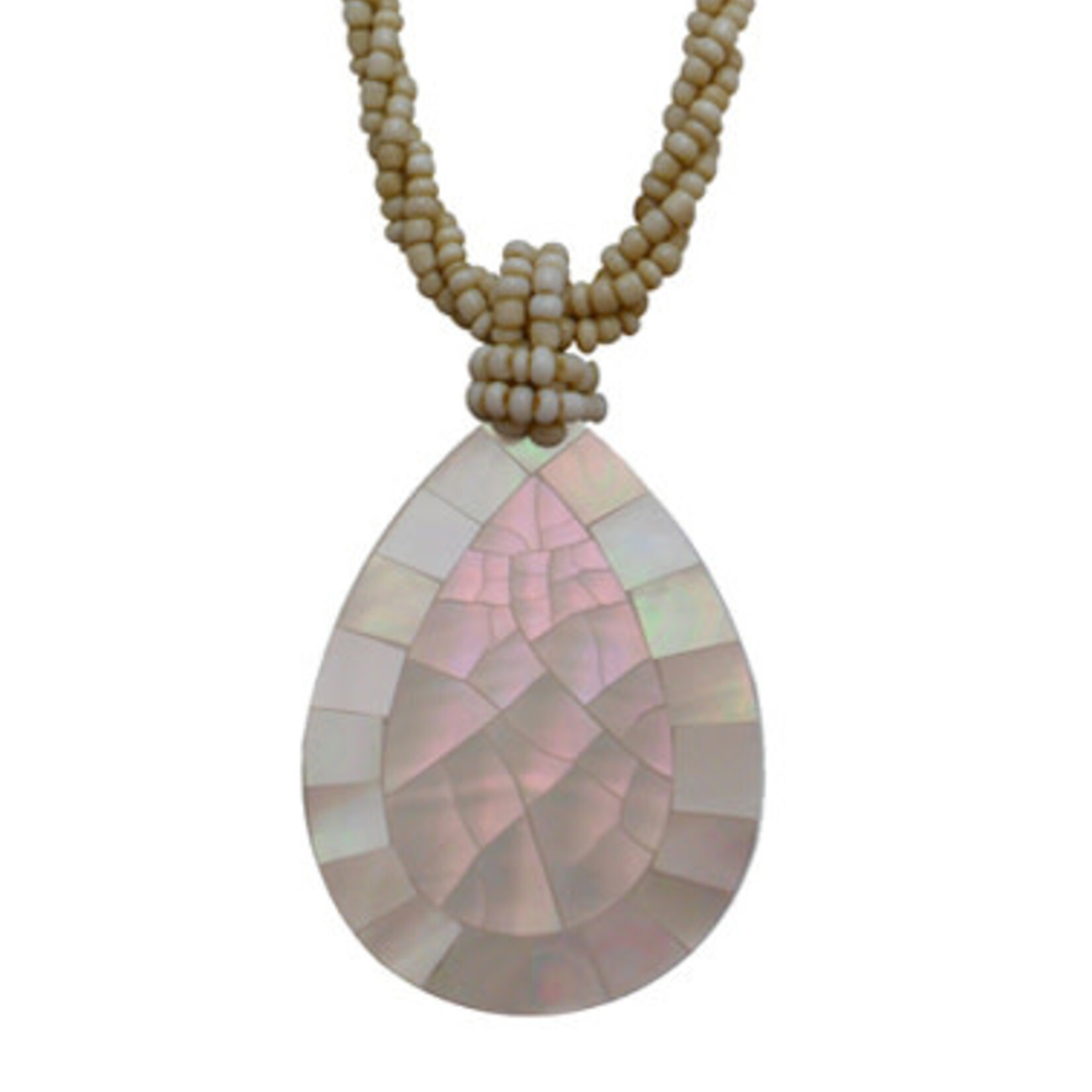 N103 Island Shell Necklace Mother of Pearl White Raindrop with Tan Beads