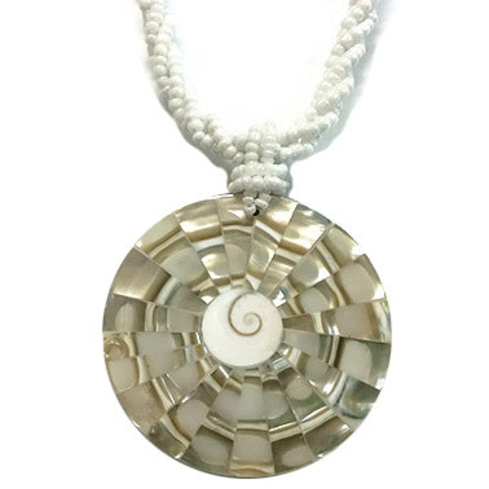 N170 Island Shell Necklace Round White Swirl with White Beads