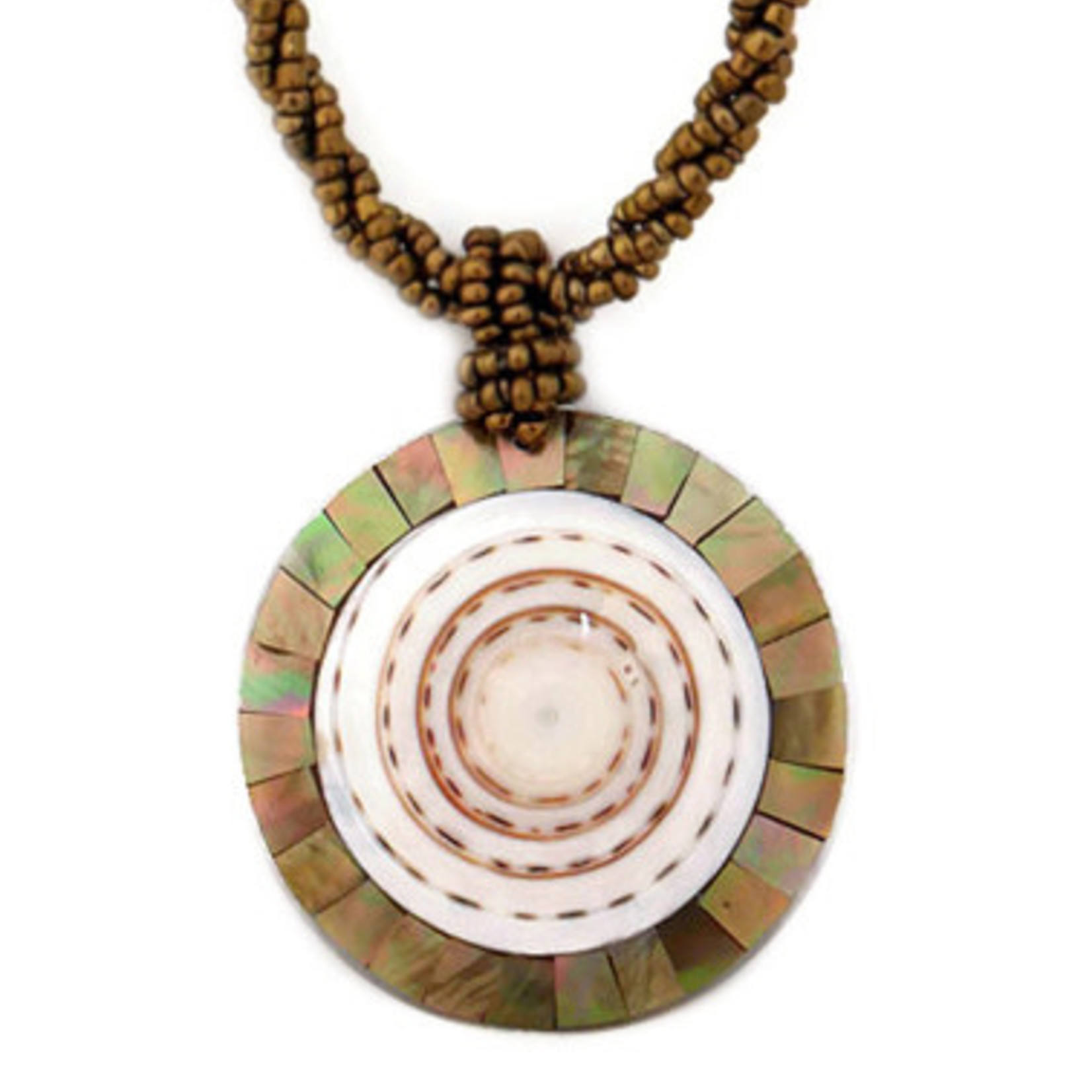 N110 Island Shell Necklace Spiral Cone with Gold Mosaic Trim with Gold Beads