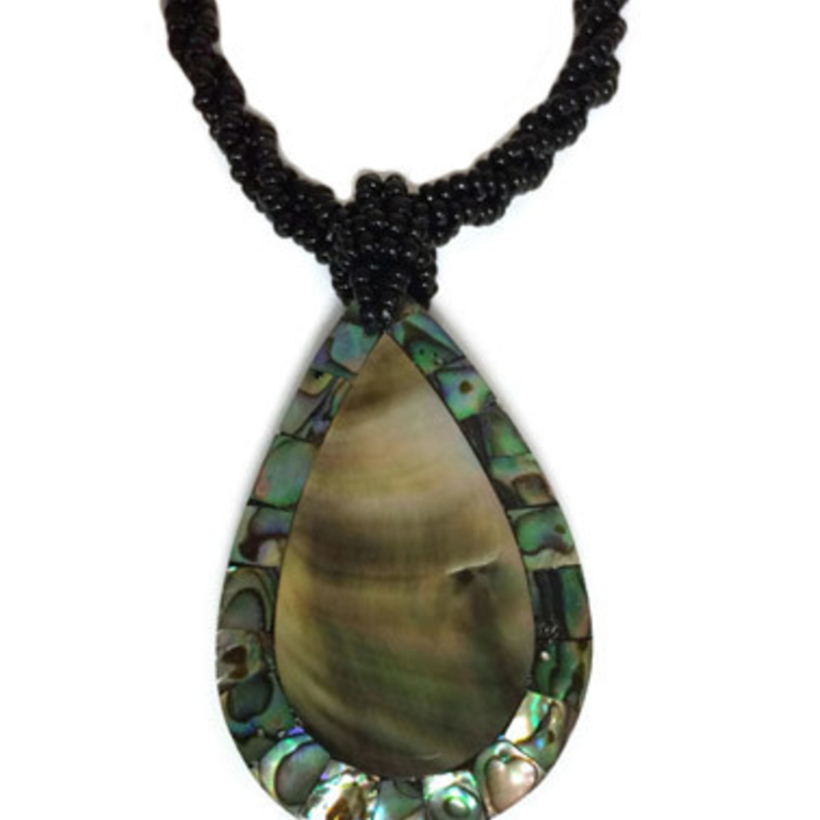 Shell Necklace Teardrop Gold Shell Paua Rim with Black Beads - N173