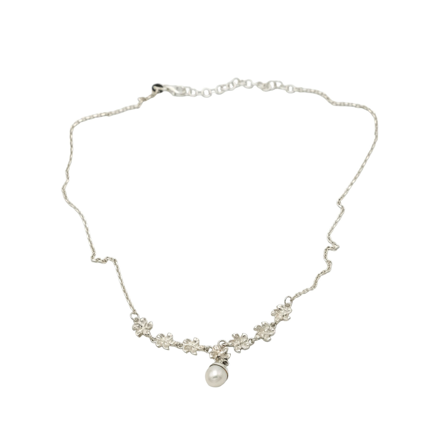 Sterling Silver Plumeria and Pearl Necklace