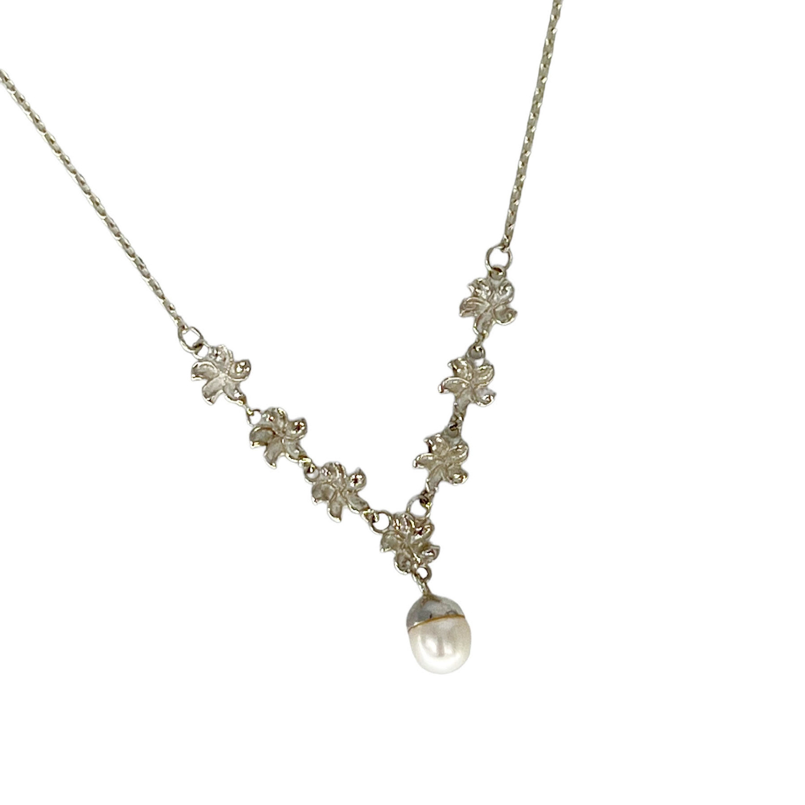 Sterling Silver Plumeria and Pearl Necklace