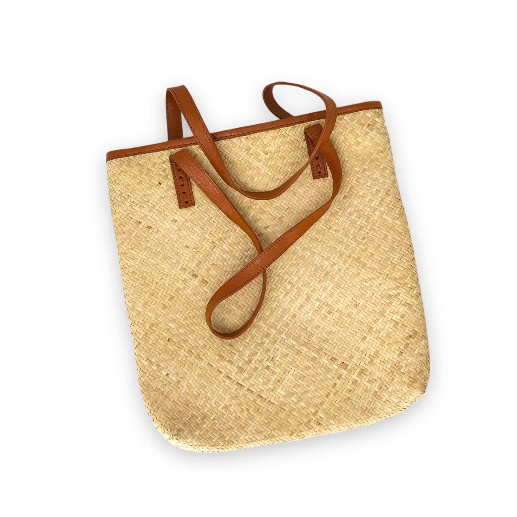Hand Woven Rattan Skin Tote Bag with Brown Leather Handles