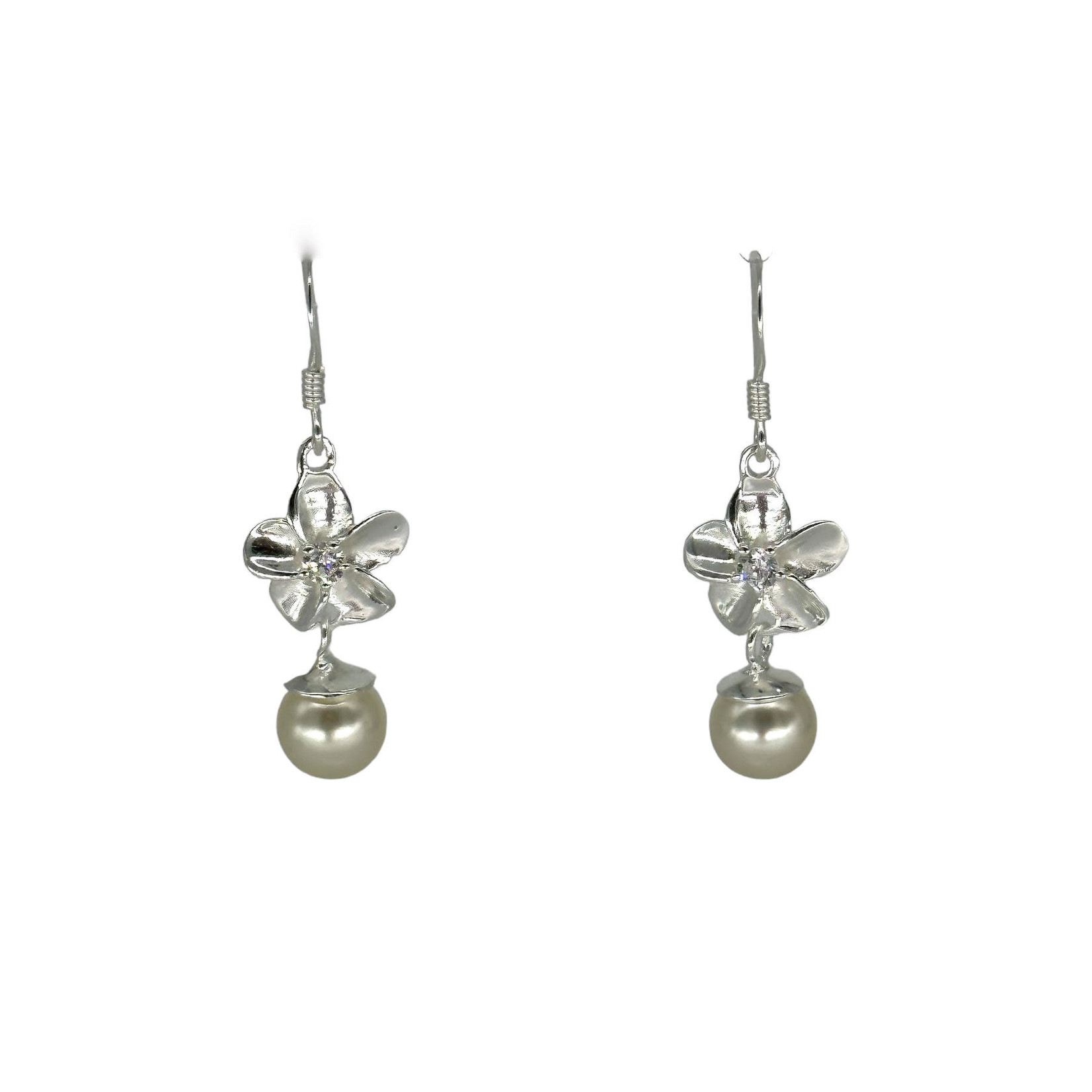 SE478 Sterling Silver Plumeria Pearl & CZ Dangle Earrings
