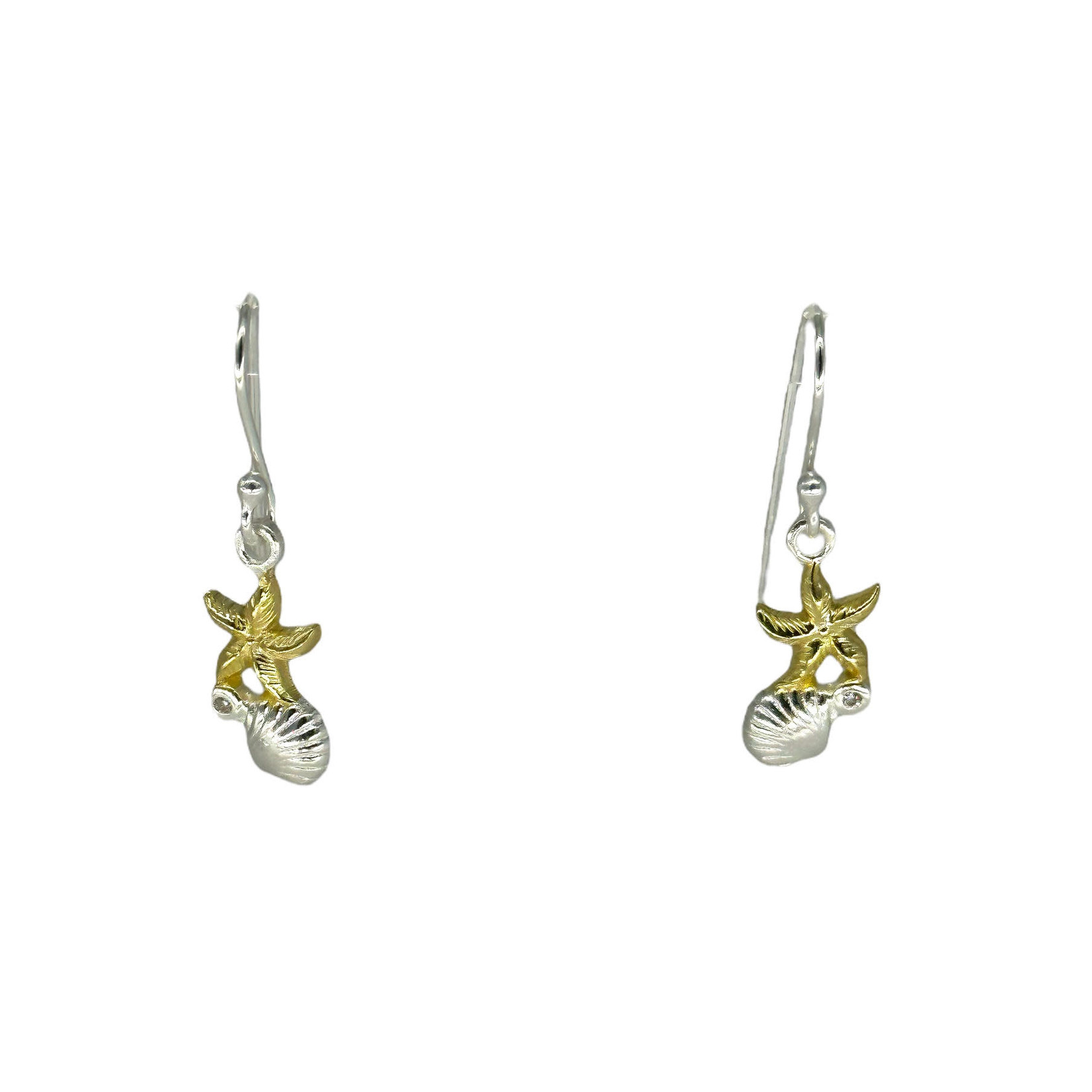 SE485G2 Sterling Silver Two Tone Shell Starfish CZ Dangle Earrings