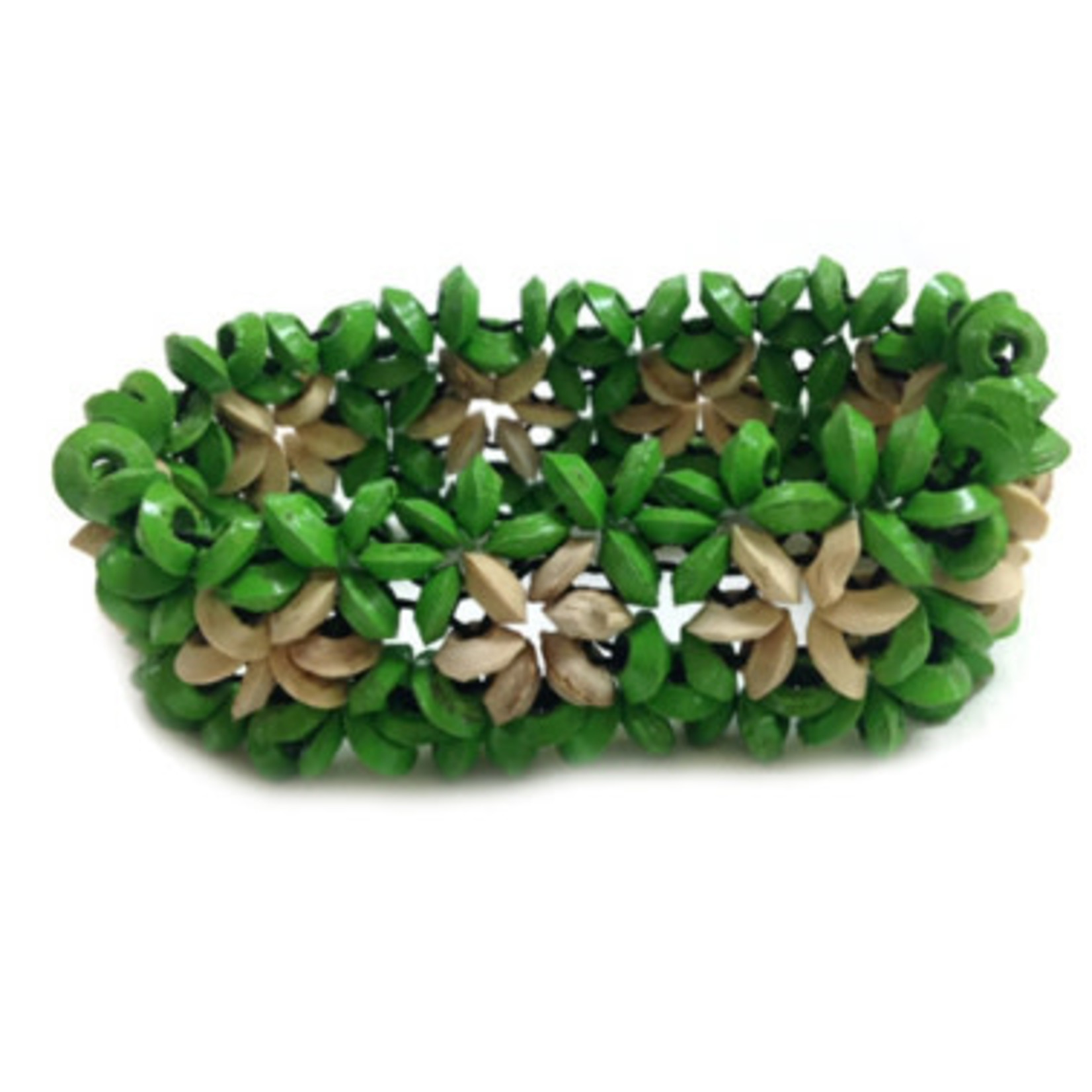 Coconut Wood Flower Stretch Bracelet Green, Pack of 10