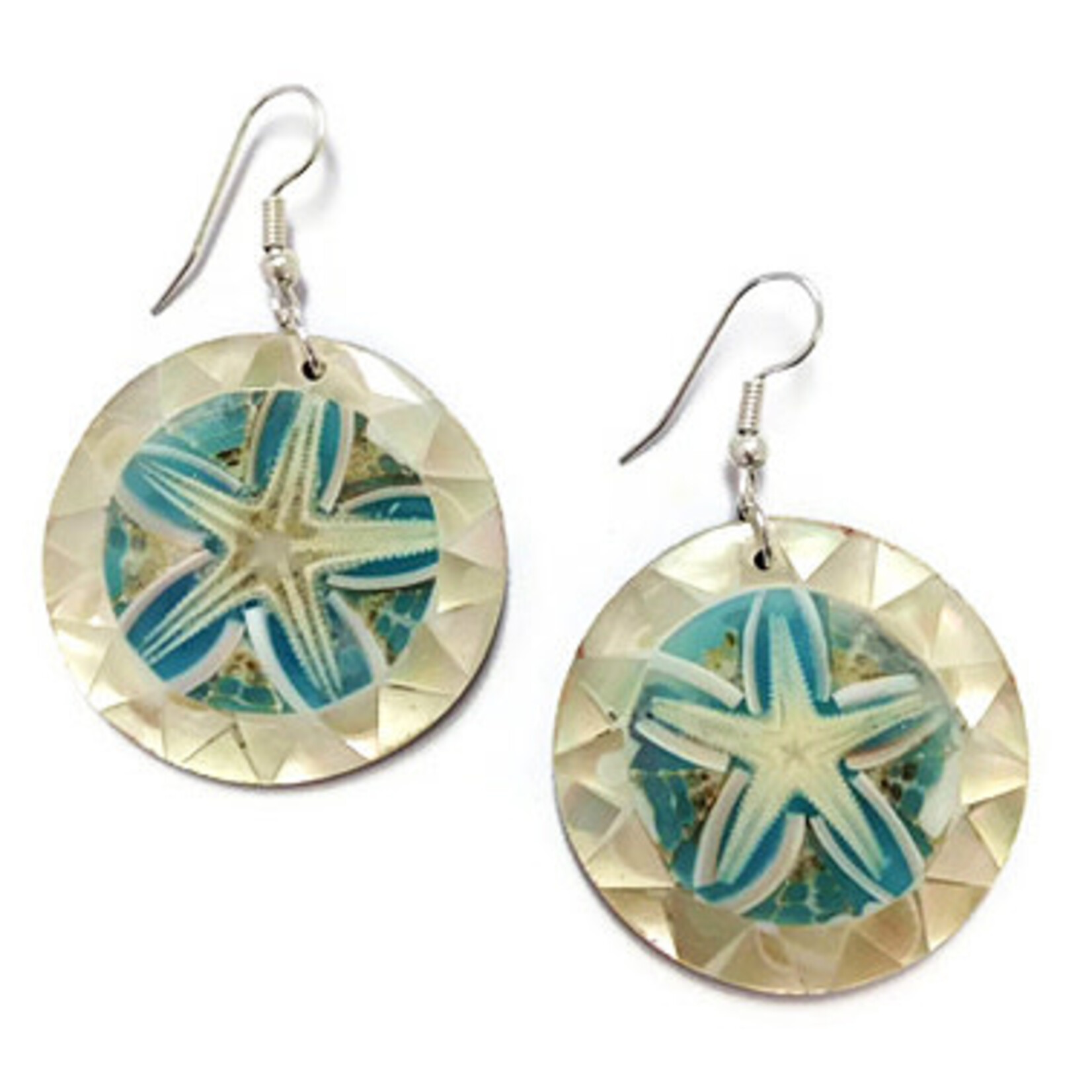 EA159 Island Shell Earrings Starfish Blue Resin with Mother of Pearl Rim