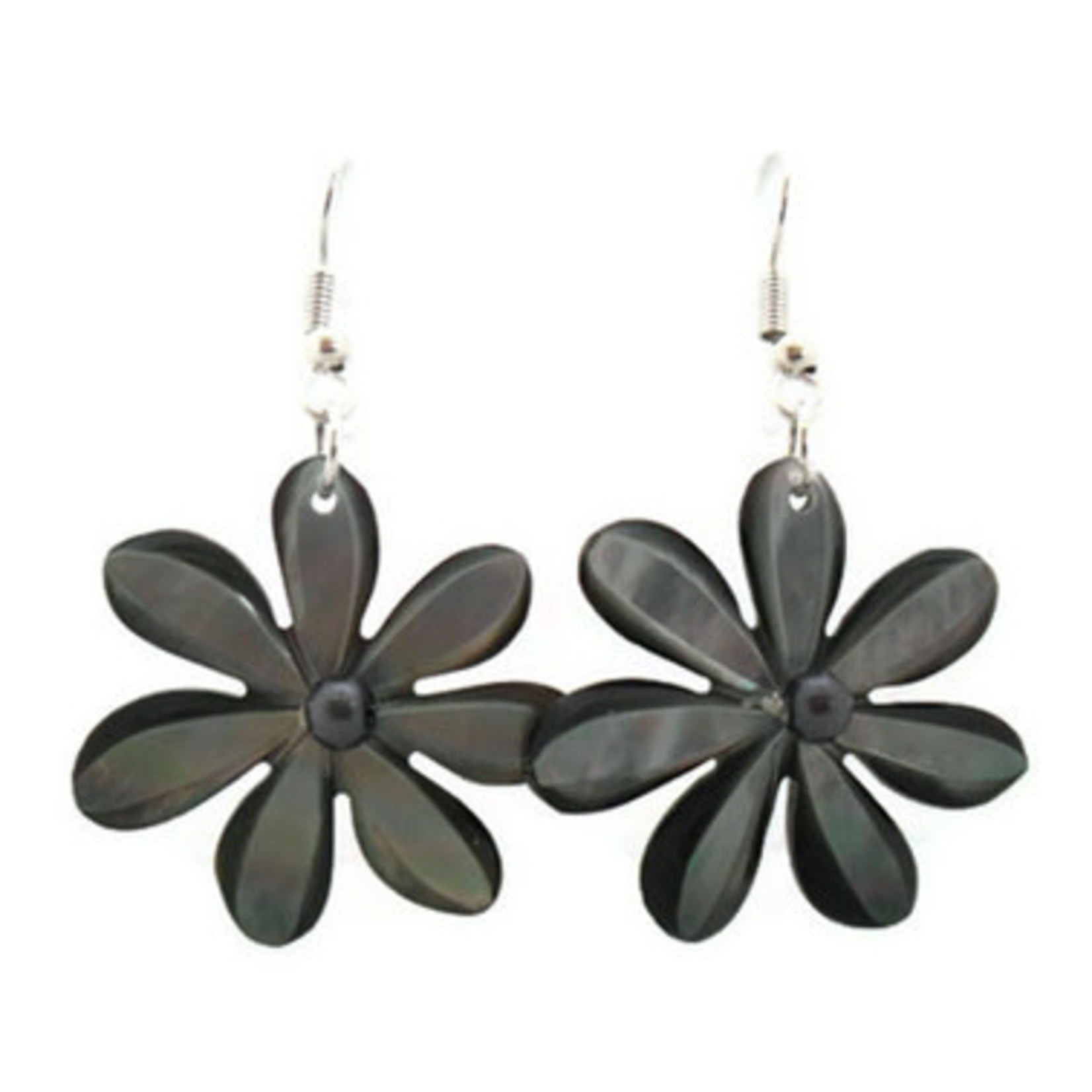 EB32 Island Shell Earrings Carved Mother of Pearl and Tahitian Grey Flower