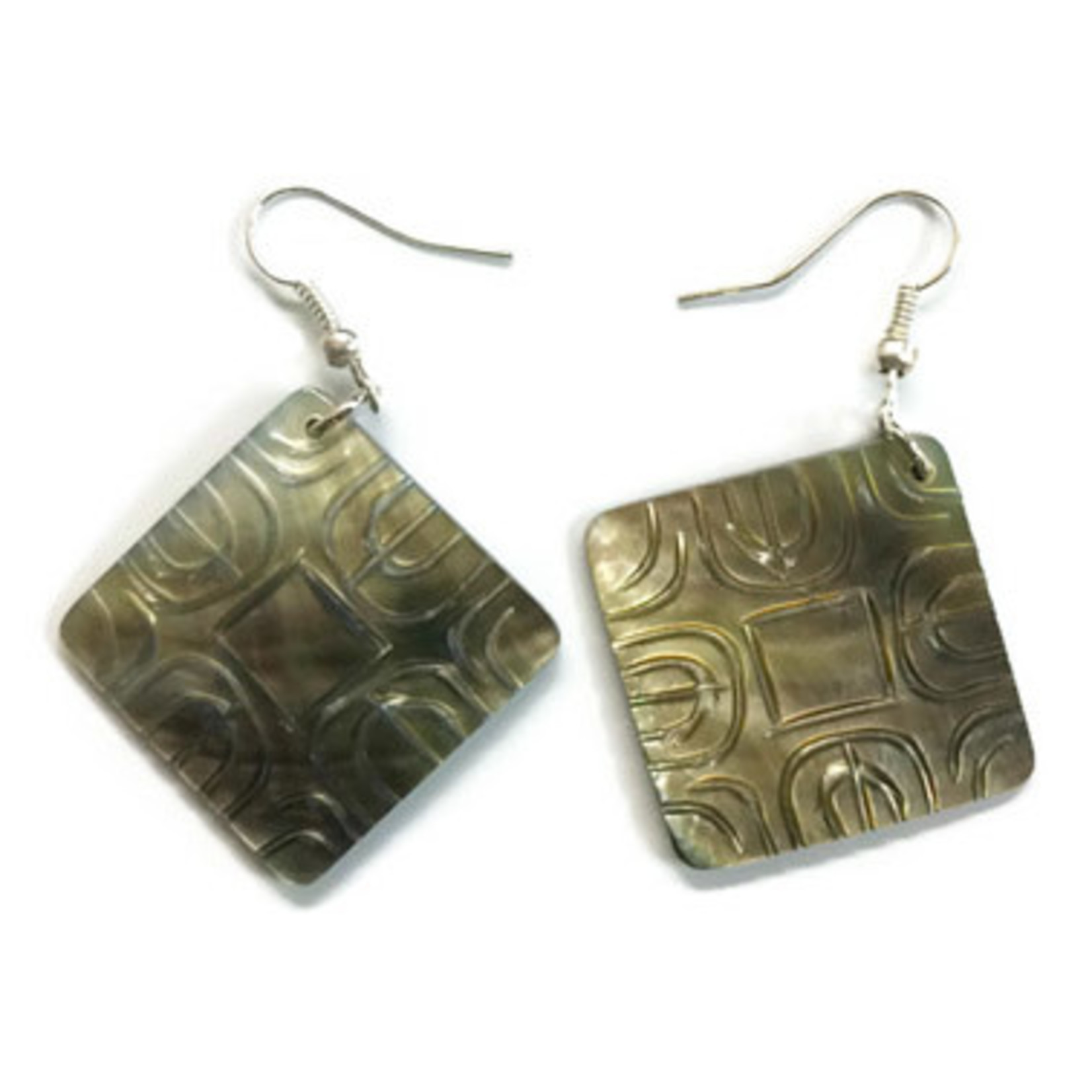 EA172 Island Shell Earrings Carved Square Grey Shell