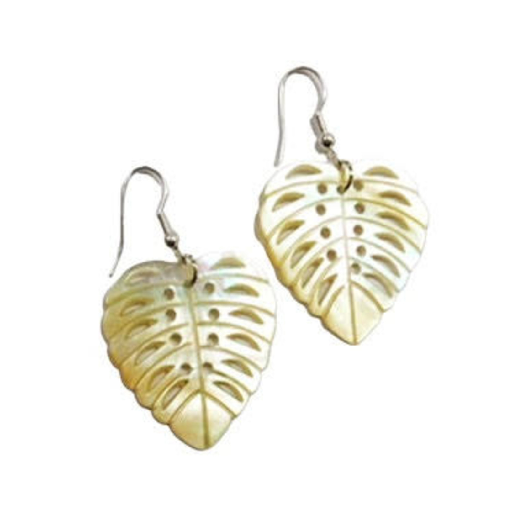 EA180 Island Shell Earrings  Carved Monstera Classic Gold Mother of Pearl