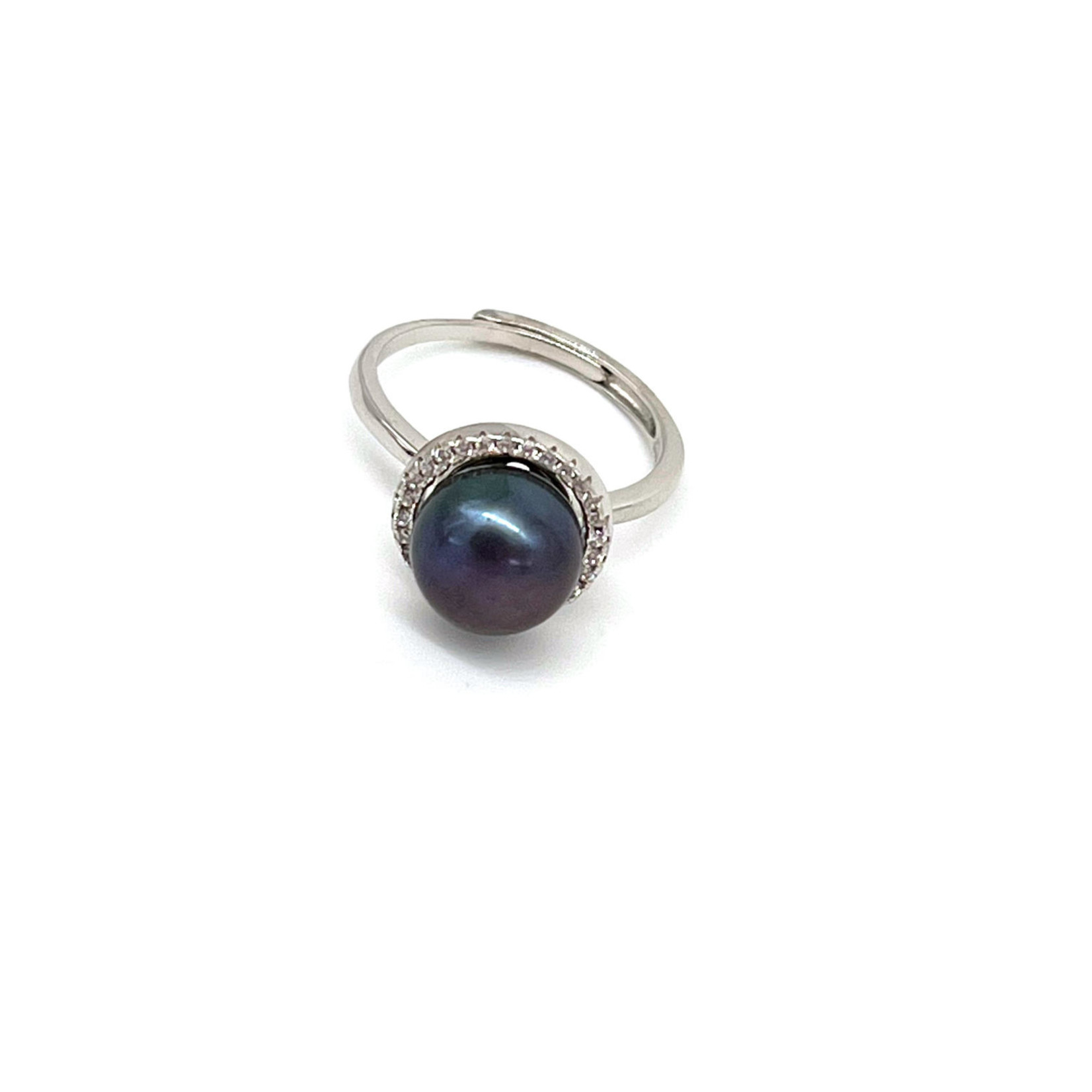 Sterling Silver 10mm Cultured Pearl and CZ Adjustable Ring Peacock