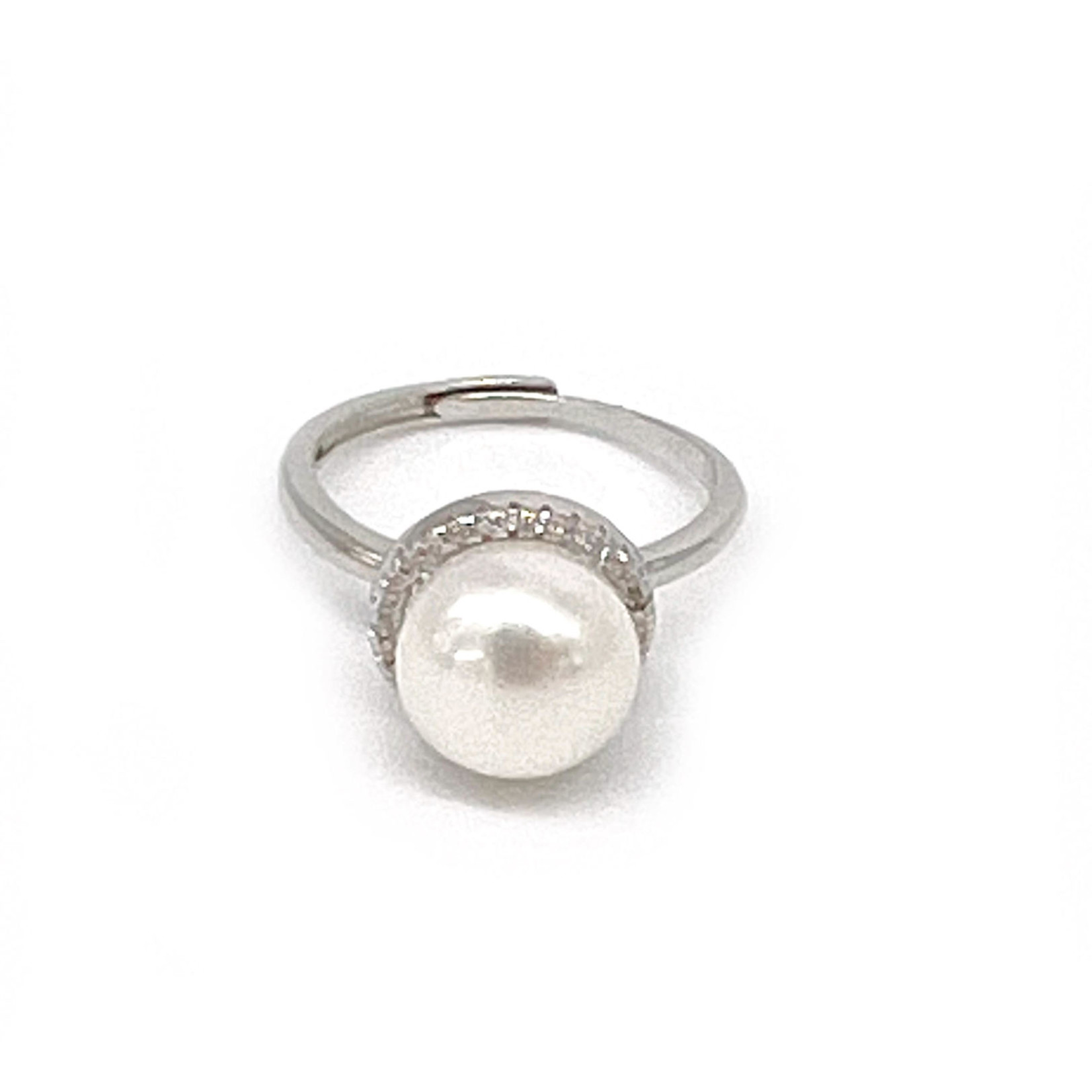 Sterling Silver 10mm Cultured Pearl and CZ Adjustable Ring White