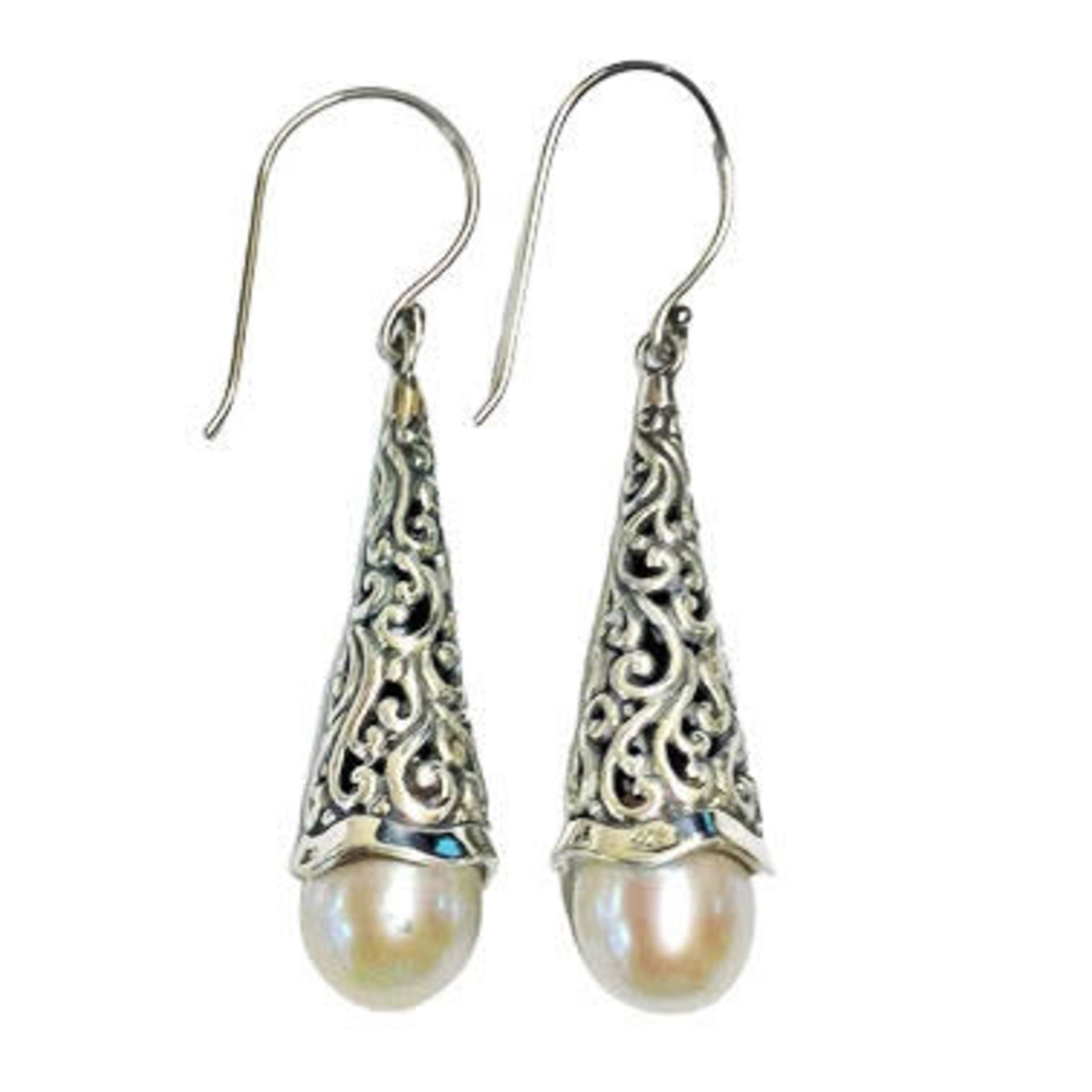 SE82 Sterling Silver Cast Carved Drop Earrings with Freshwater Pearl