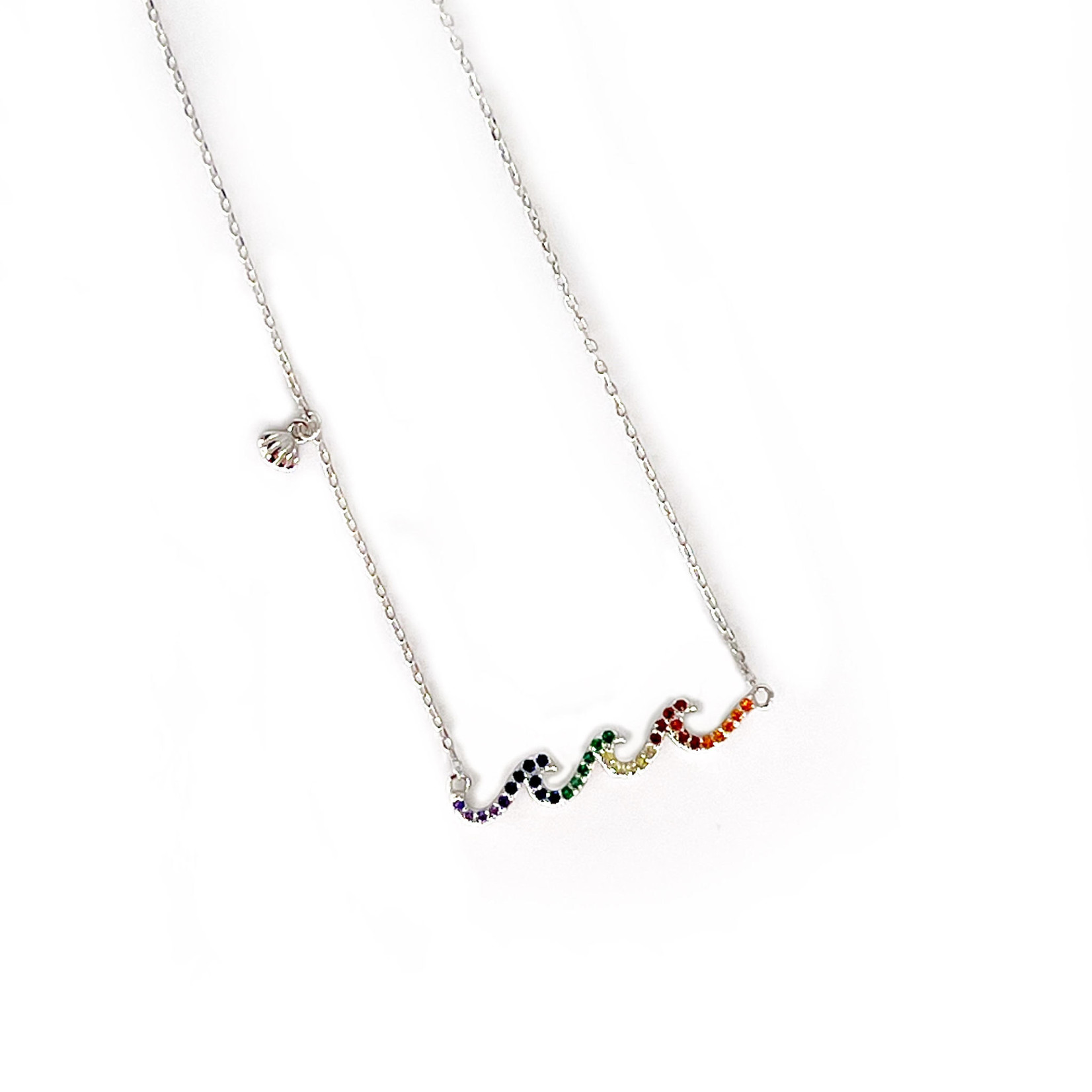 Sterling Silver Necklace with Adjustable Chain Rainbow CZ Wave