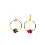 Boho Hawaiian Flower Crystal Wire Wrapped Earrings Red Flower Hoop BF6