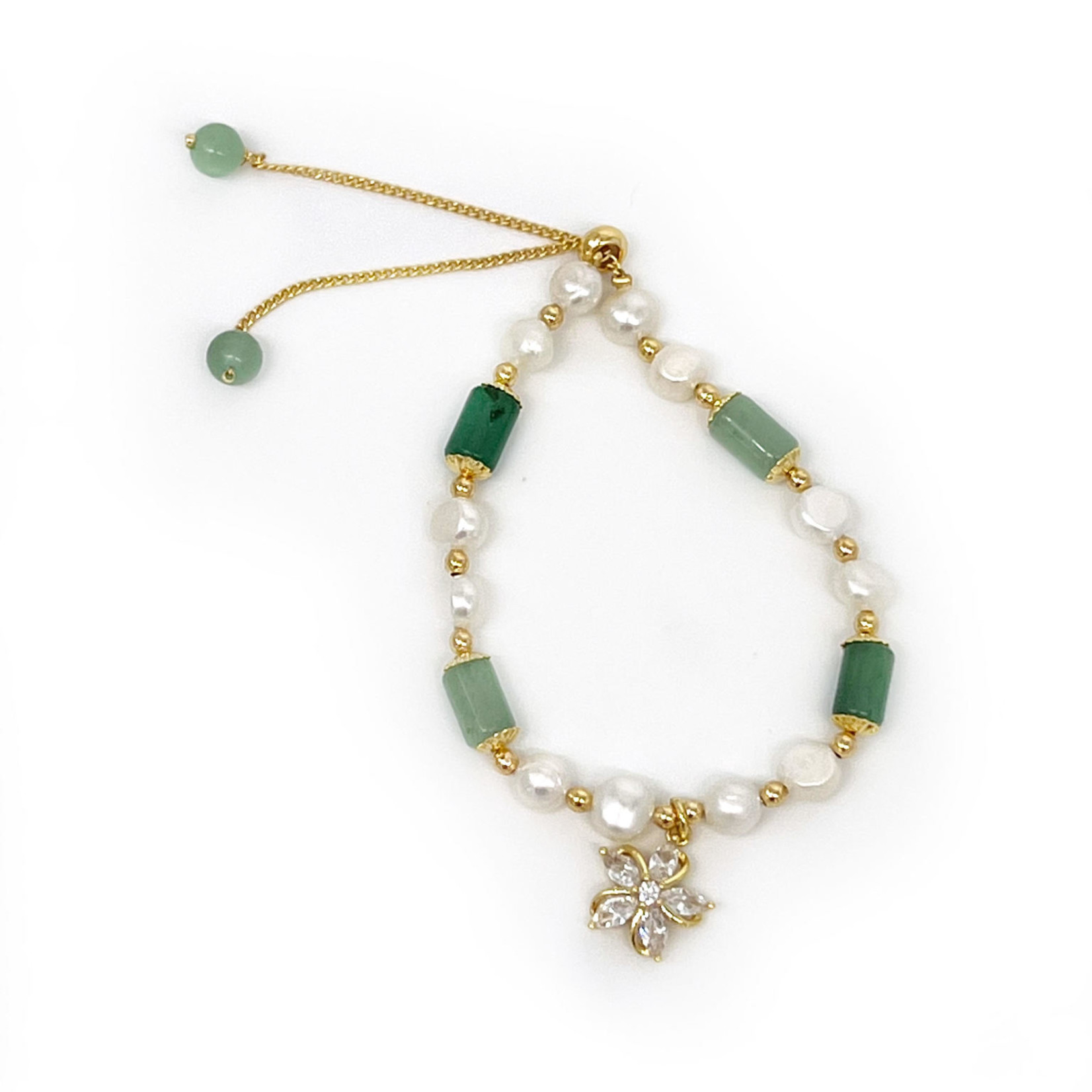 Copper, Jade & Pearl Adjustable Bracelet J6 CZ Flower Charm